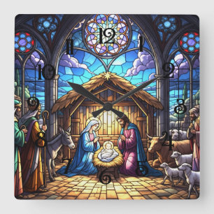 Stained Glass Nativity Scene 2 Square Wall Clock
