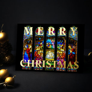 Stained Glass Nativity Scene Merry Christmas Foil Holiday Card