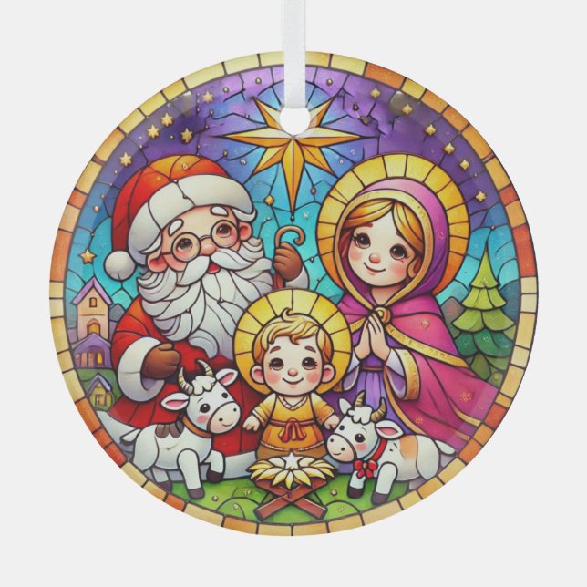 Stained Glass Nativity Scene with Santa Claus Glass Ornament (Front)