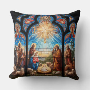 Stained Glass Nativity Throw Pillow