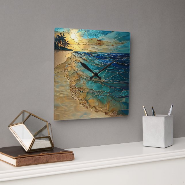 Stained Glass Ocean Beach Wall Clock (Office)