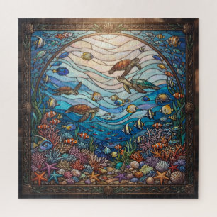 Stained Glass Ocean Sea Turtles Jigsaw Puzzle - Oc