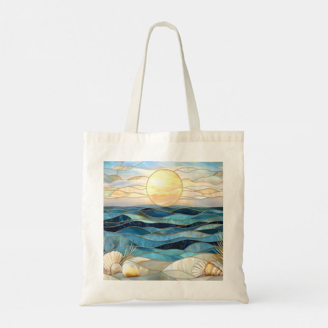Stained Glass Ocean Sunset Beach Tote Bag (Back)