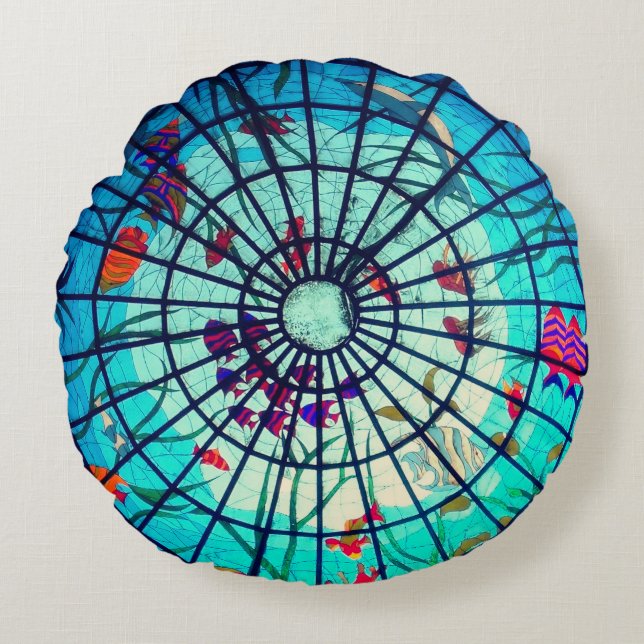 Stained glass ocean tropical fish teal blue round pillow (Front)