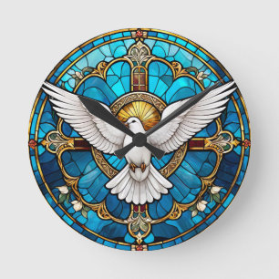 Stained Glass of Christian Cross Round Clock