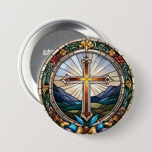 Stained Glass of Christian Holy Cross 3 Inch Round Button