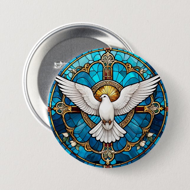 Stained Glass of Christian Holy Dove 3 Inch Round Button (Front & Back)
