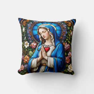 Stained Glass of Virgin Mary Catholic  Throw Pillow