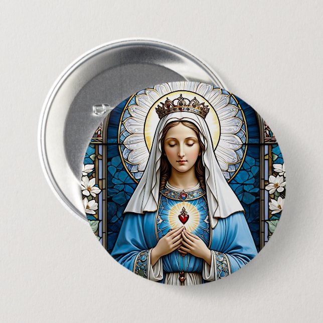 Stained Glass of Virgin Mary Christian Catholic 3 Inch Round Button (Front & Back)