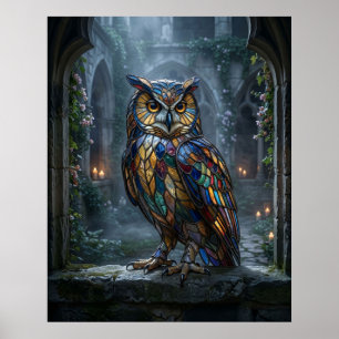 Stained Glass Owl Moonlight Poster