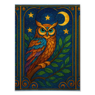 Stained Glass Owl Under the Moon and Stars Photo Print