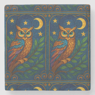Stained Glass Owl Under the Moon and Stars Stone Coaster