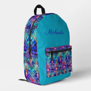 Stained Glass Pattern on Turquoise - Personalized Printed Backpack