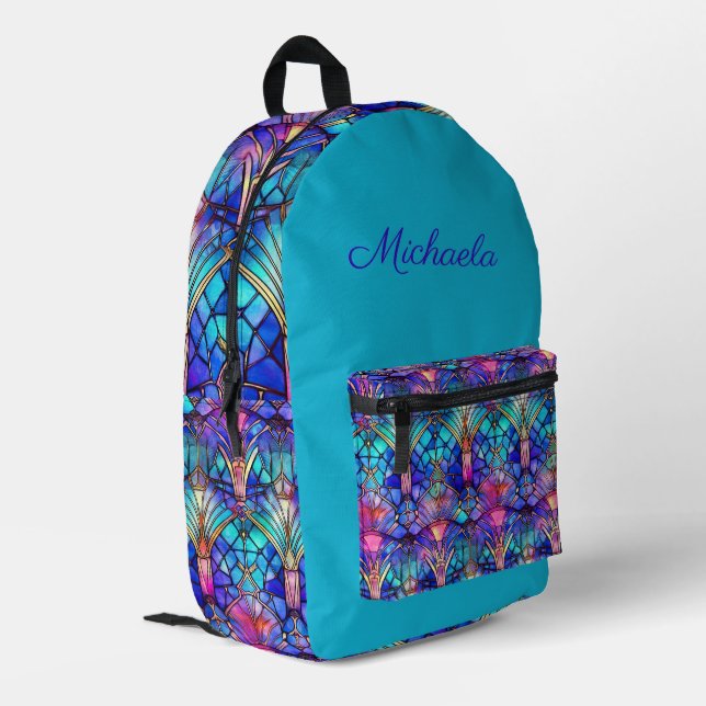 Stained Glass Pattern on Turquoise - Personalized Printed Backpack (Back Corner Left)