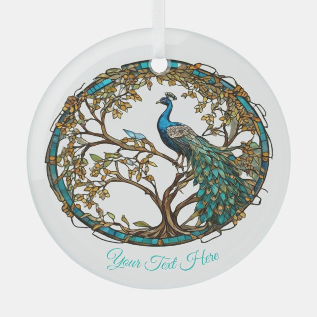 Stained Glass Peacock Autumn Tree Glass Ornament (Front)