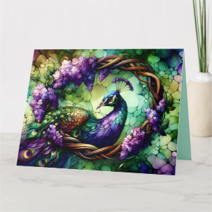 Stained Glass Peacock Floral Wreath Art Card