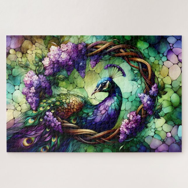 Stained Glass Peacock Floral Wreath Art Jigsaw Puzzle (Horizontal)