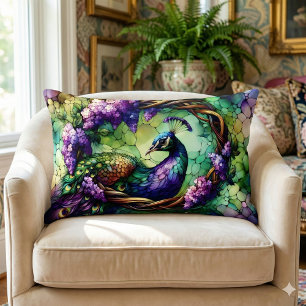 Stained Glass Peacock Floral Wreath Art Lumbar Pillow