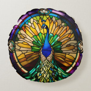 Stained Glass Peacock Round Pillow