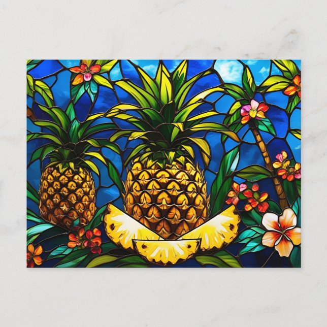 Stained Glass Pineapple and Tropical Flowers  Postcard (Front)