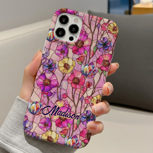 Stained glass pink purple flowers iPhone 16 case