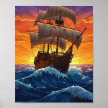 Stained Glass Pirate Ship at Sunset - Vintage Ocea