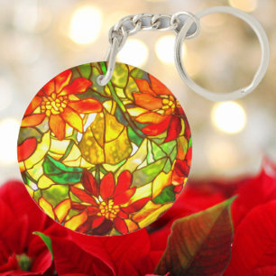 Stained glass poinsettia flower vintage floral keychain