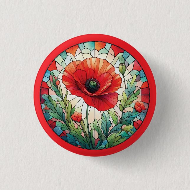 Stained Glass Poppy 1 Inch Round Button (Front)