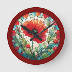 Stained Glass Poppy Round Clock
