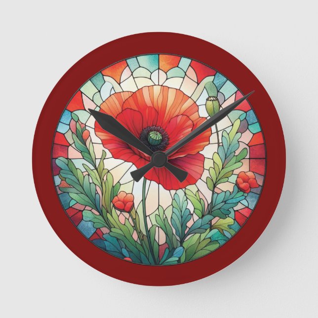 Stained Glass Poppy Round Clock (Front)
