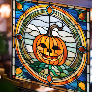 Stained Glass Pumpkin Colourful Mosaic Halloween  Window Cling