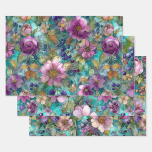 STAINED GLASS PURPLE FLORAL DECORATIVE PAPER SET