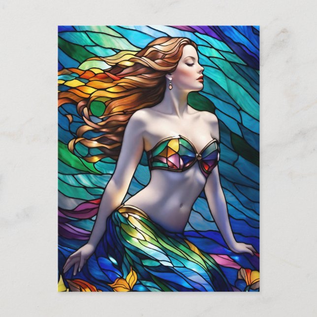 Stained glass rainbow mermaid postcard (Front)