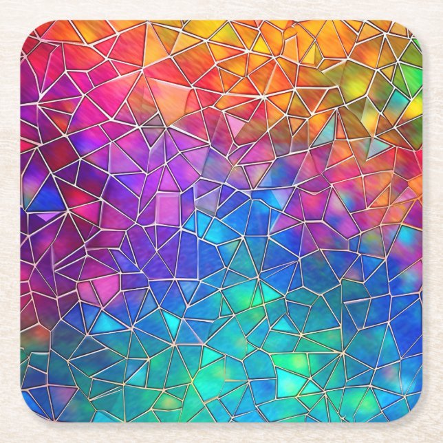 Stained Glass Rainbow Pattern Square Paper Coaster (Front)