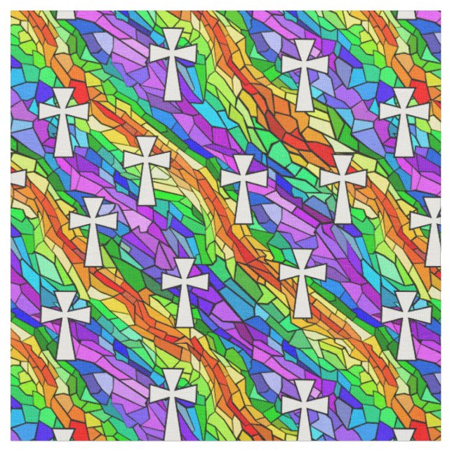 Stained Glass Rainbow with Crosses Fabric (Close Up)