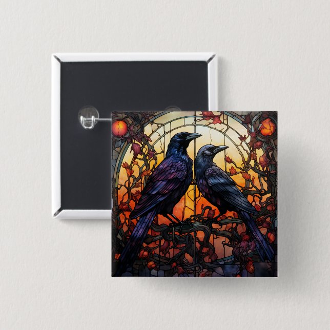 Stained Glass Ravens  2 Inch Square Button (Front & Back)
