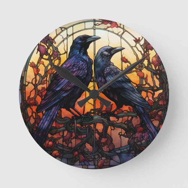 Stained Glass Ravens  Round Clock (Front)