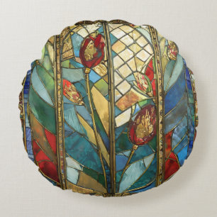 Stained Glass Red Chief Poppies at Sunrise Round Pillow