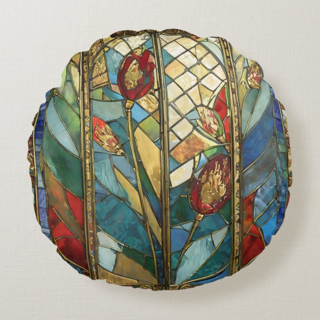 Stained Glass Red Chief Poppies at Sunrise Round Pillow (Front)