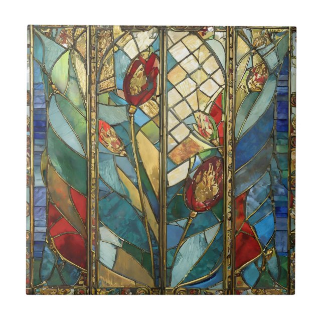 Stained Glass Red Chief Poppies at Sunrise Tile (Front)