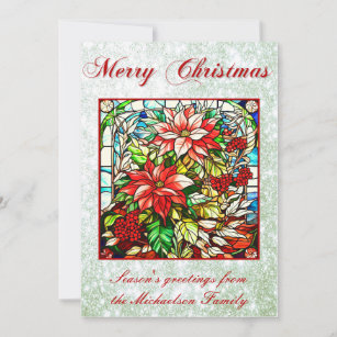 Stained Glass Red Christmas Flowers Green Glitter Holiday Card