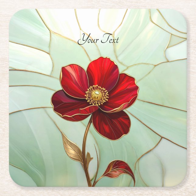 Stained Glass Red Flower Paper Coaster (Front)