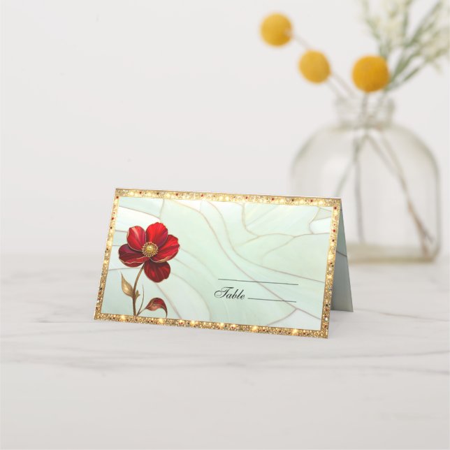 Stained Glass Red Flower Place Card (Front)