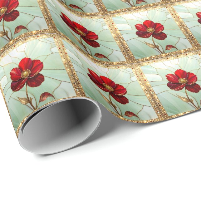 Stained Glass Red Flower Wrapping Paper (Roll Corner)