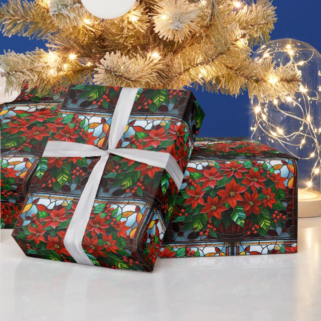 Stained Glass Red Poinsettia Flowers and Berries  Wrapping Paper (Holidays)