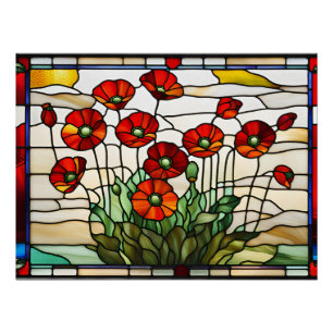Stained Glass Red Poppy Flowers Bouquet  Poster