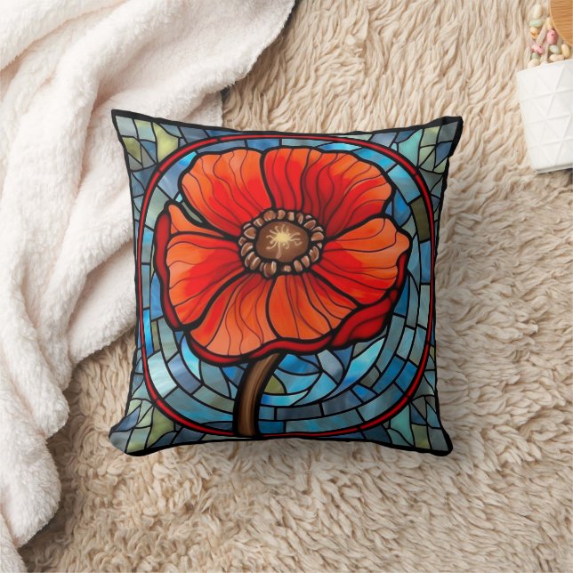 Stained Glass Red Poppy Throw Pillow (Blanket)