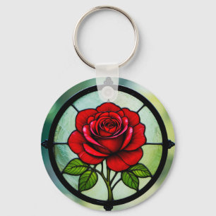 Stained glass red rose keychain