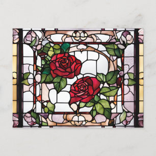 Stained Glass Red Roses Floral Mosaic Postcard