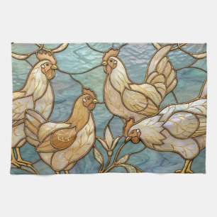 Stained Glass Roosters Elegant Chicken Farmhouse Kitchen Towel